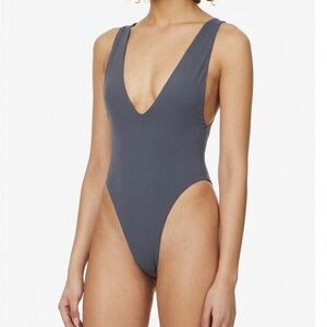 Myra Swim Grey V Neck One Piece Swimsuit M Plunge Cross Back NWT